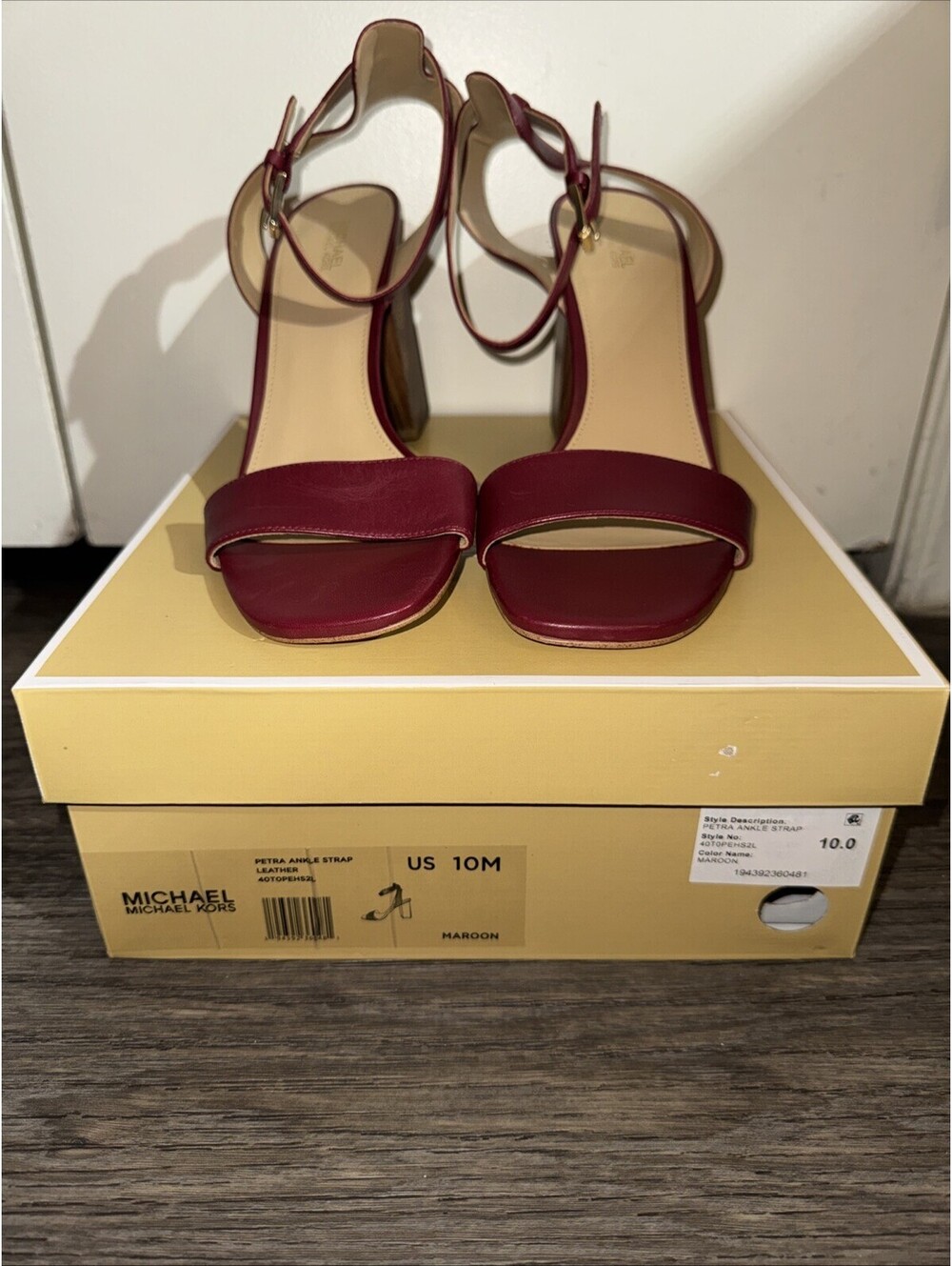 Michael Kors Petra Maroon Leather Ankle Strap Block Heel Sandal Shoes Women’s 10